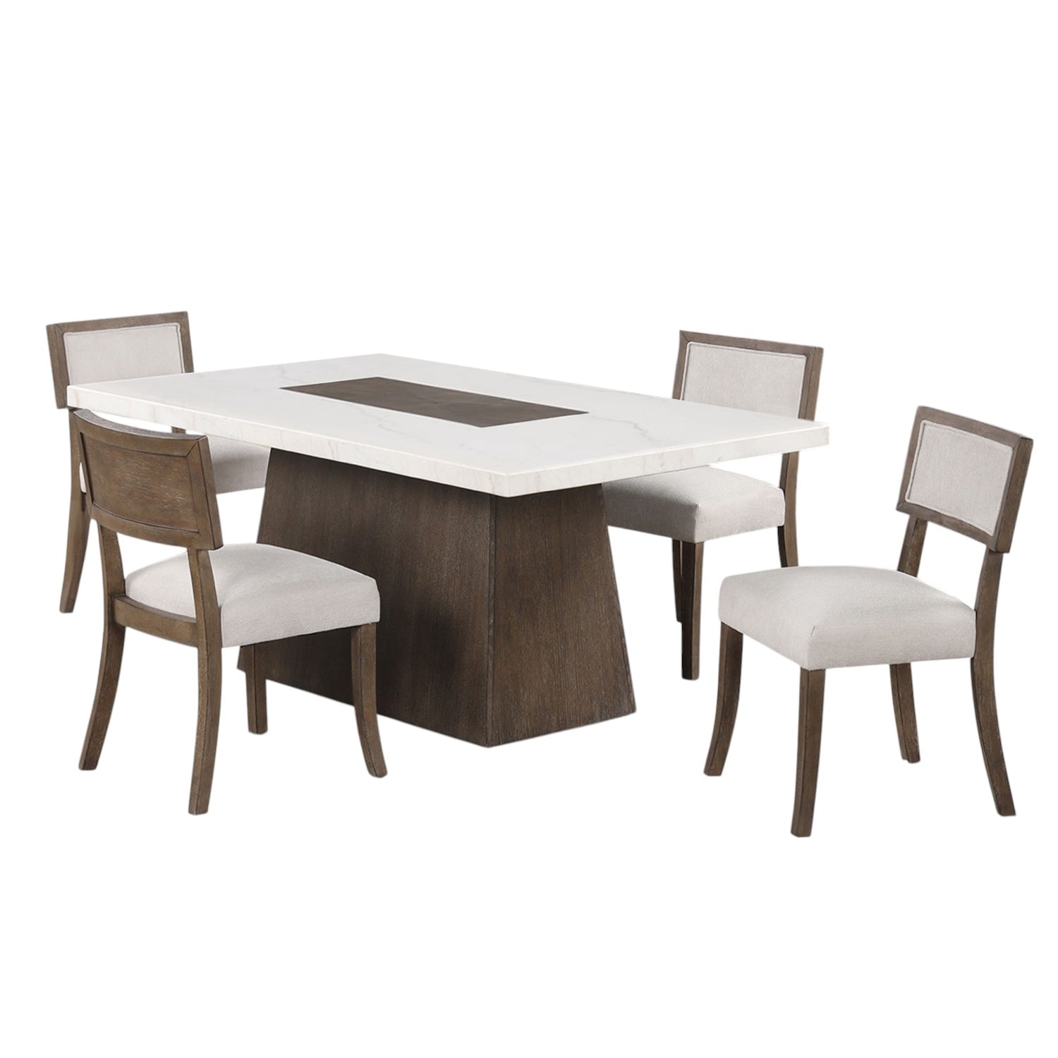 Rectangular Dining Set with Faux Marble Table Top in Dark Walnut and Light Gray