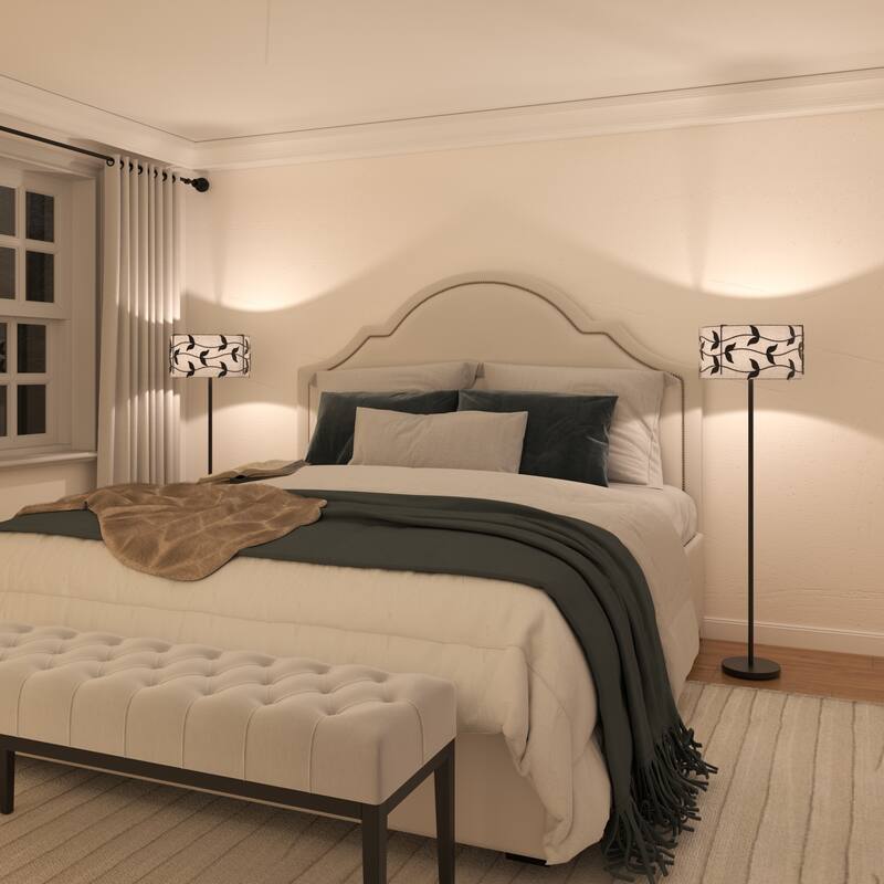 Acroma Black/Gold Leaf-Accent Fabric Shade Floor Lamp