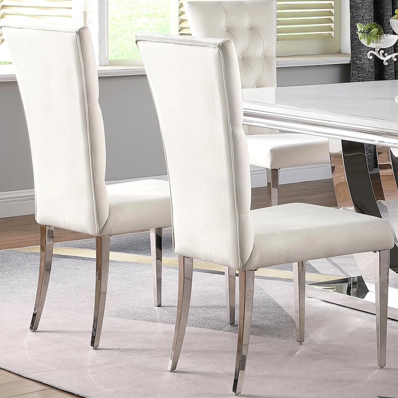Luxurious Button Tufted White Velvet and Chrome Legs Dining Chairs (Set of 2)