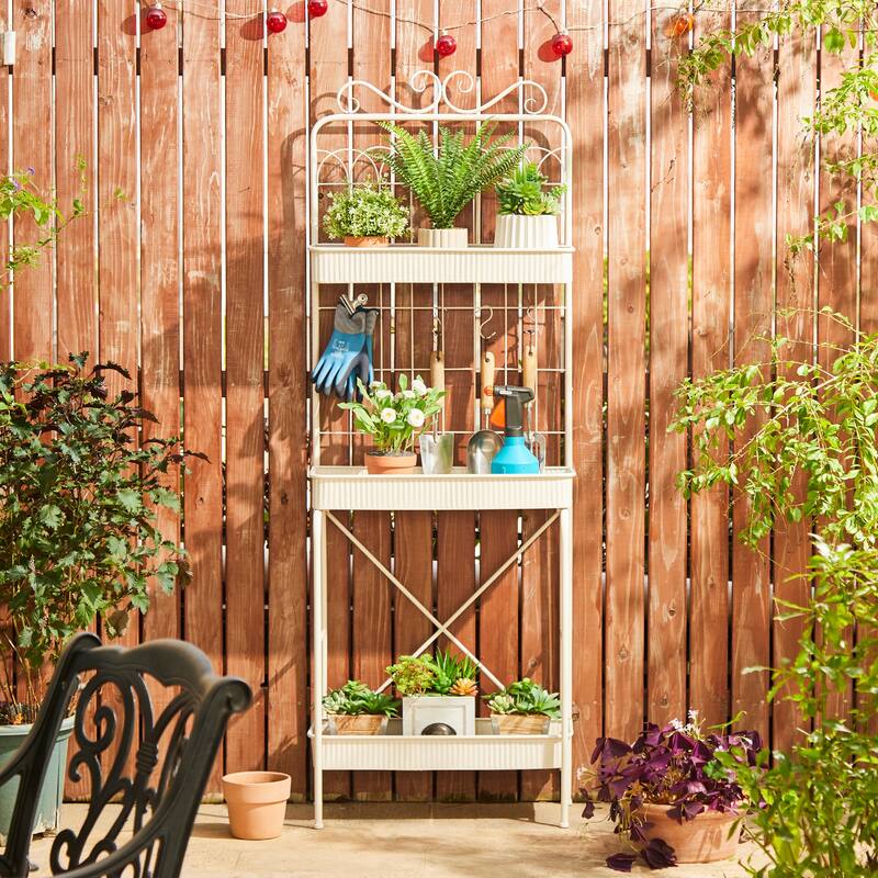 Glitzhome 68"H 3 Tier Shelving Black Metal Plant Stand Kitchen Shelf Multifunctional Storage Rack for Indoor Outdoor