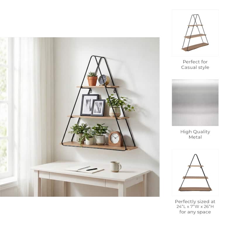 Metal Wood Triangular Frame Wall Shelf - Brown, 26" - 26.0"