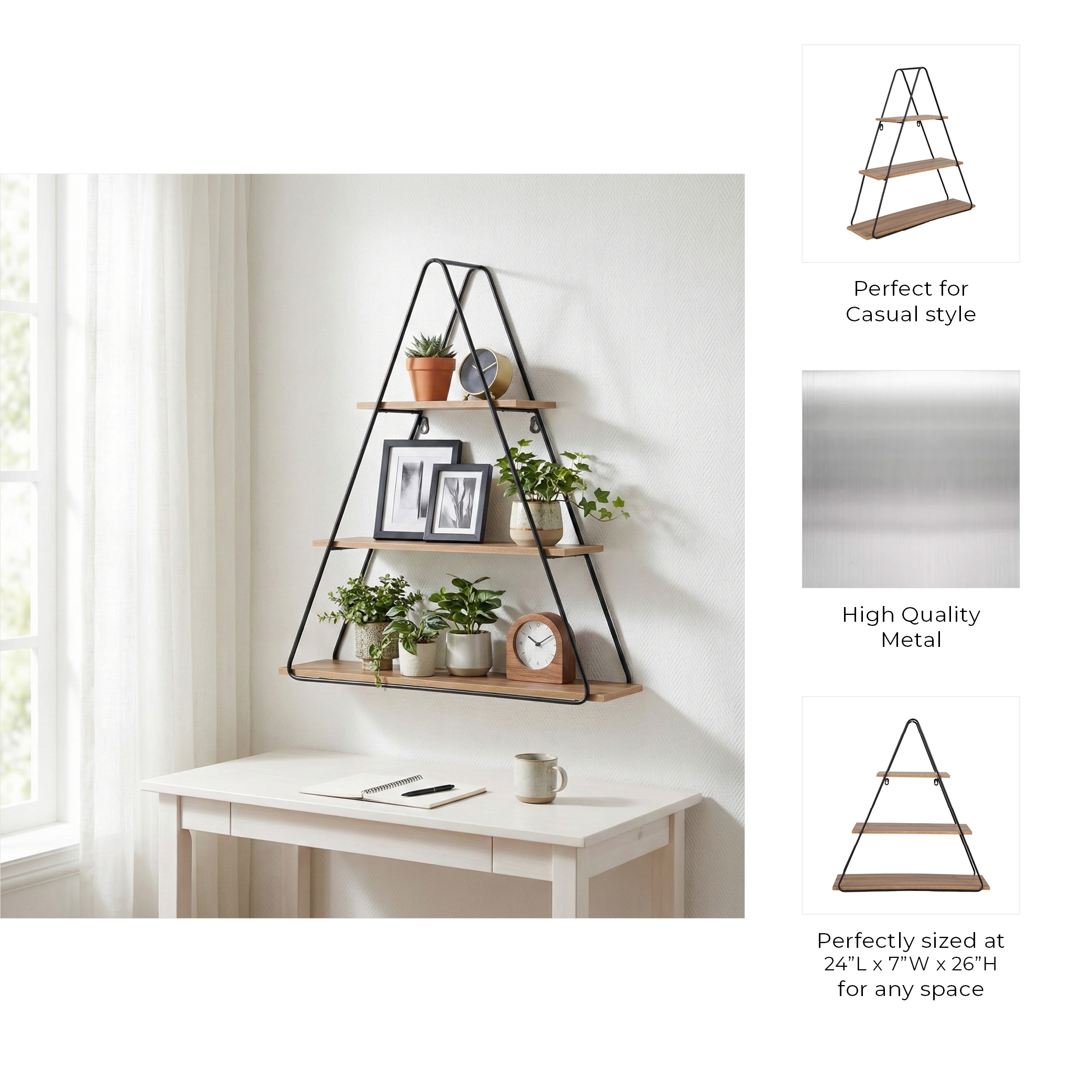 Metal Wood Triangular Frame Wall Shelf - Brown, 26