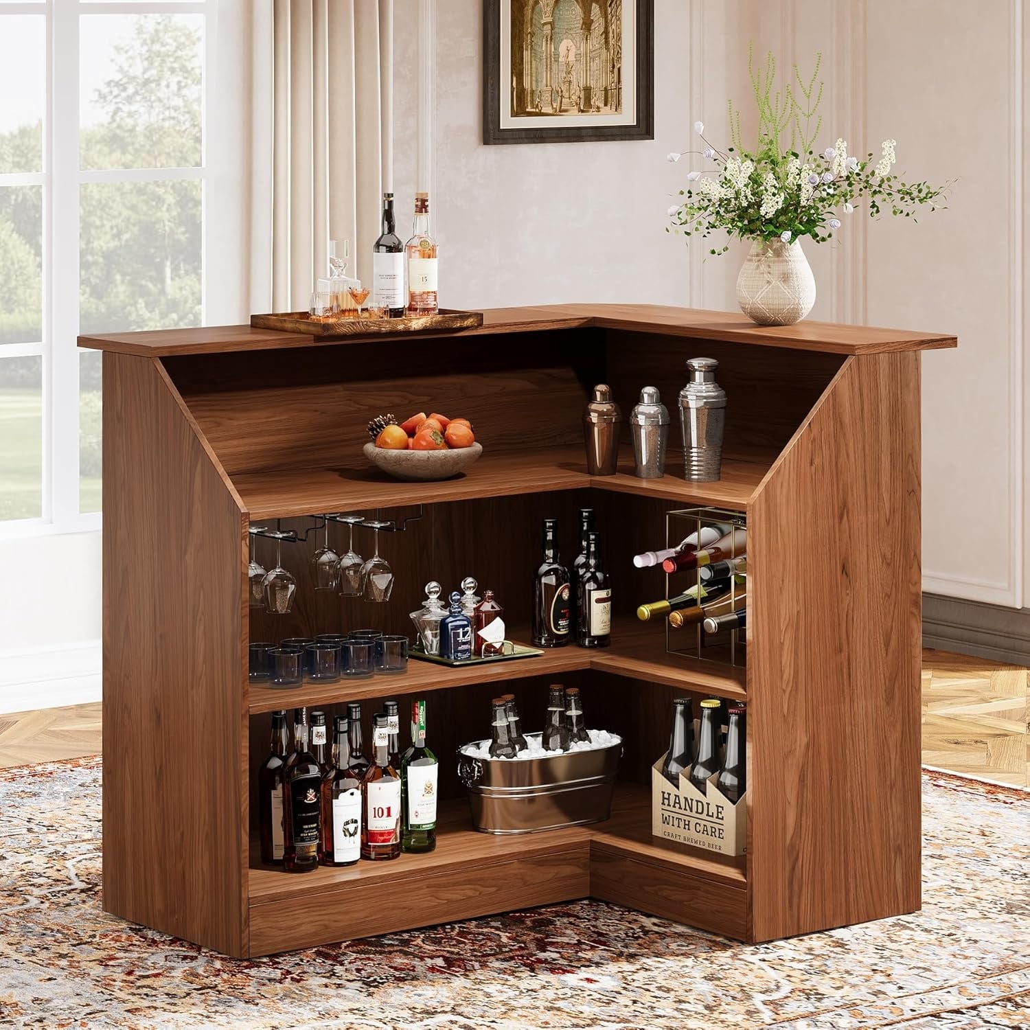 Bar Cabinet with Storage, 4-Tier L-Shaped Home Bar Table with