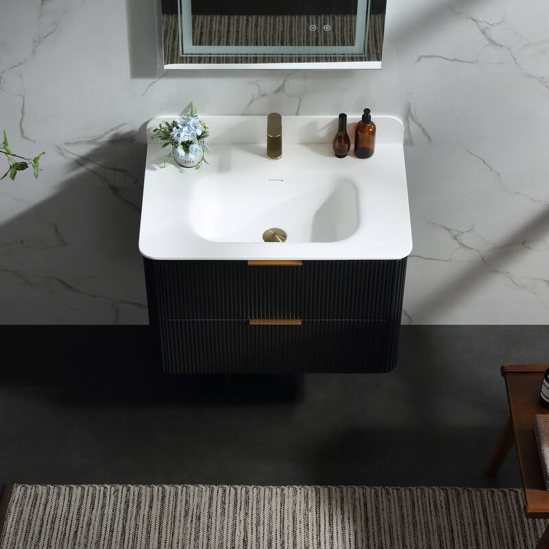 Modland Fluted Floating Vanity with Sink, Plywood Wall Mount Cabinet, Curved Edge, 24/30/36 Inch