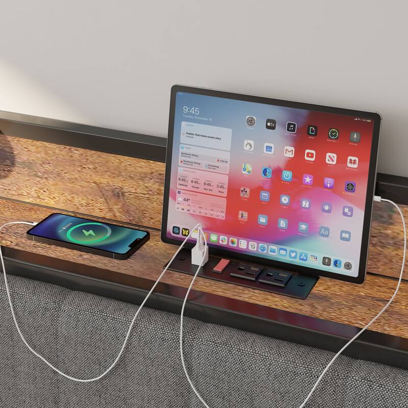 Upholstered Platform Bed Frame with Power Outlet & USB Ports & Shelf