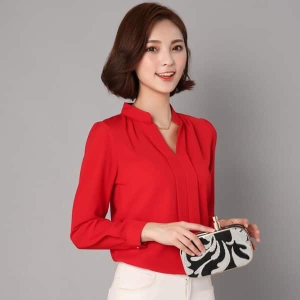 Shop Black Red White Chiffon Blouse Women Autumn Long Sleeve