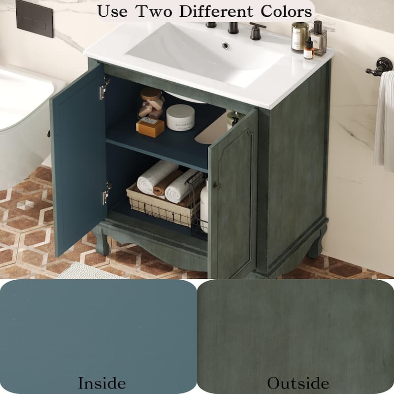 30" Bathroom Vanity with Rectangle Ceramic Sink, Antique Handles and 2 Doors, Solid Wood Legs and Adjustable shelves