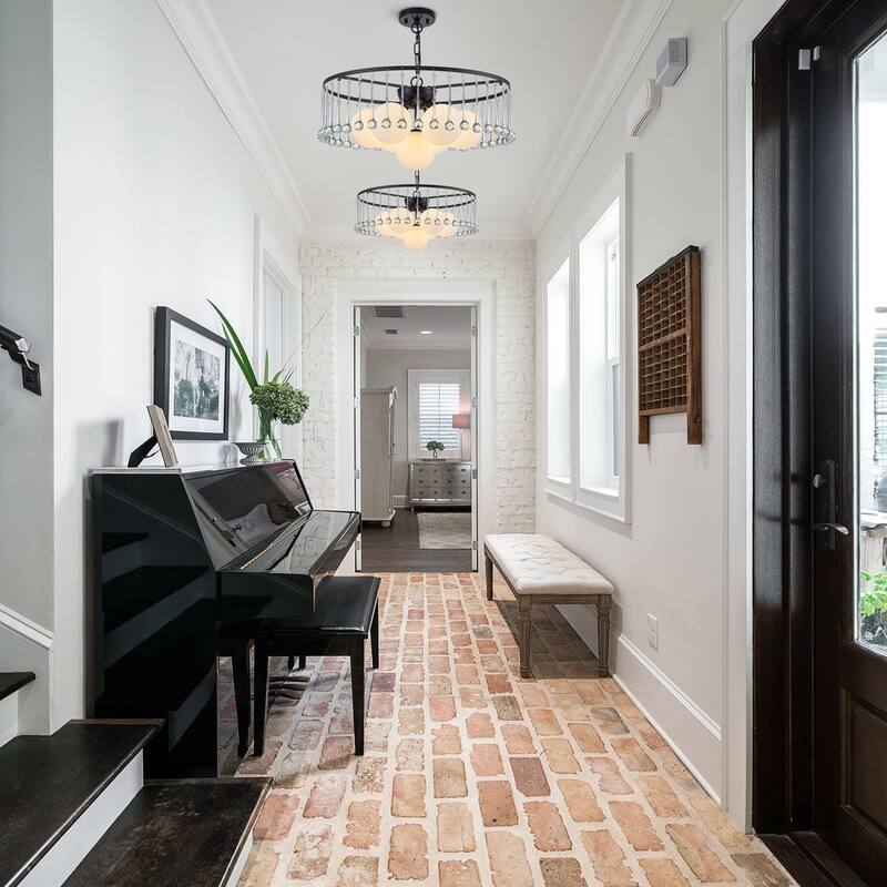 7-Light Modern Circular Chandelier with White Glass & Crystal Accents - Dia.23.62-in