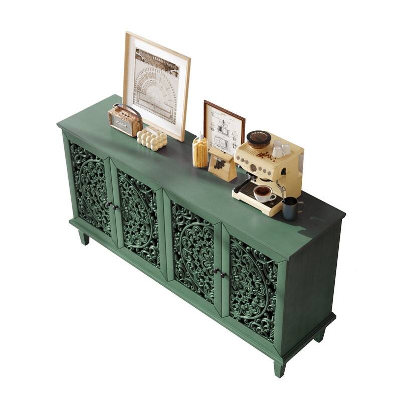 60" Antique Buffet Sideboard with Floral Carvings Solid Wood Legs and Adjustable Shelves for Versatile Storage