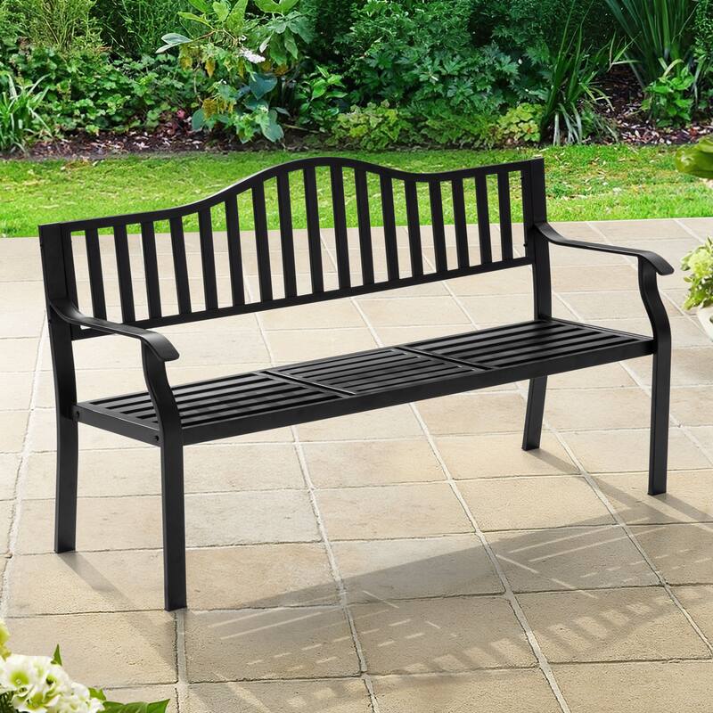 E-Coated Metal Frame Outdoor Bench with Backrest and a Built-In Small Table, Black