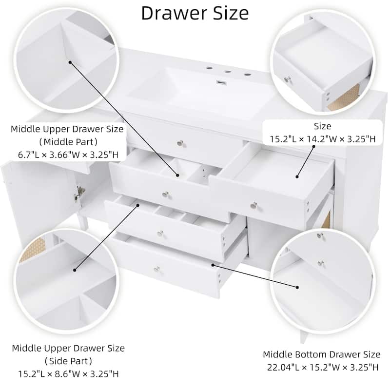 60" Bathroom Vanity with SMC Sink Bathroom Storage Cabinet with 5 Soft Close Drawers and Rattan Doors