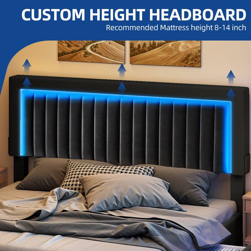 Moasis Velvet Upholstered Platform Bed, Bed Frame with Adjustable Headboard and 4 Storage Drawers