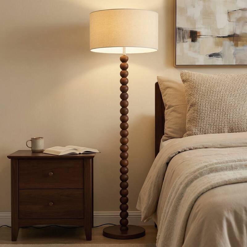 61" Wooden Beaded Floor Lamp, Retro Walnut Finish Standing Lamp with Linen Shade, Rubberwood Base for Living Room, Bedroom
