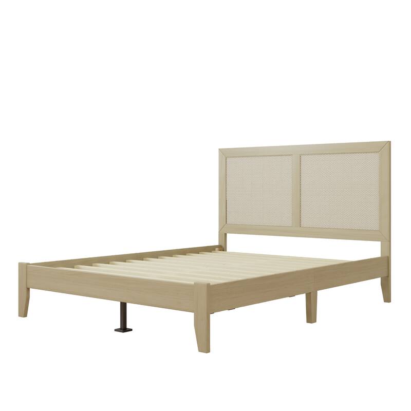 Roomfitters Solid Wood Platform Bed Frame, Bohemian Rattan Headboard Foundation with Supportive Slats, Natural Wood