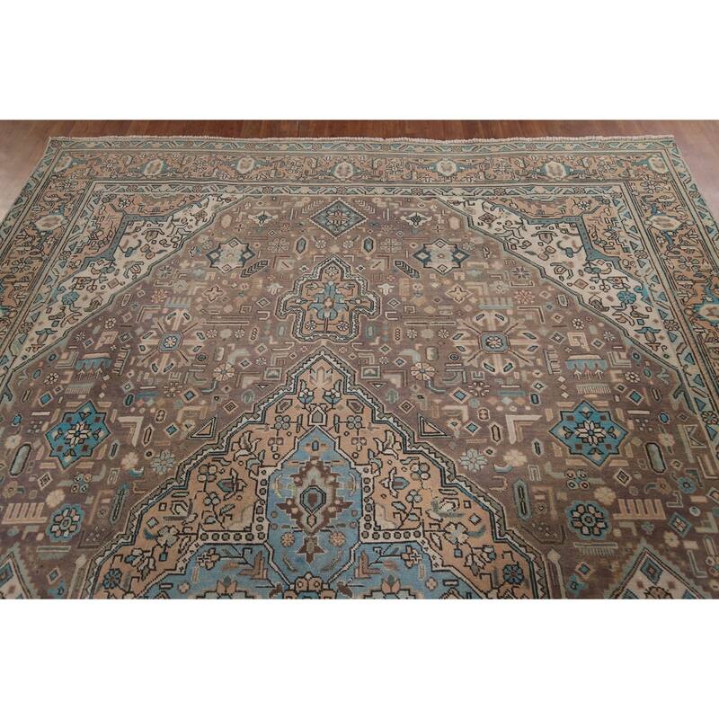 Brown Distressed Tabriz Vintage Persian Area Rug Handmade Wool Carpet - 8'3" x 11'4"