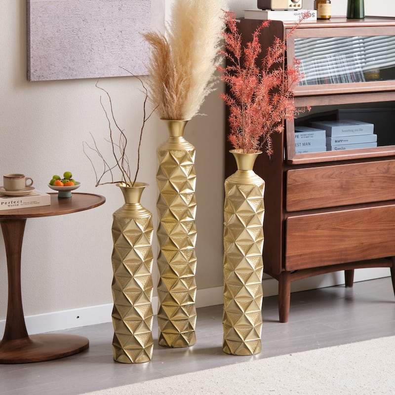 Set of 3 Home Decoration Metal High Distress Vases with 3D Triangle Pattern (33.5"/29.5"/25.2" H)