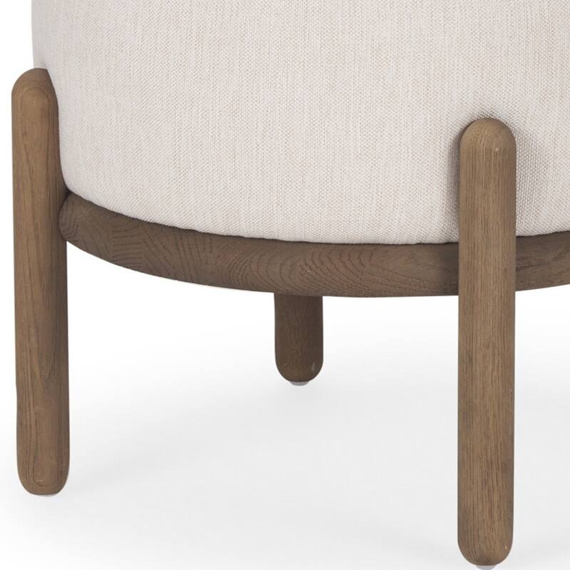 HomeRoots 22" Cream and Brown Solid Wood and Upholstered Round Pouf Ottoman