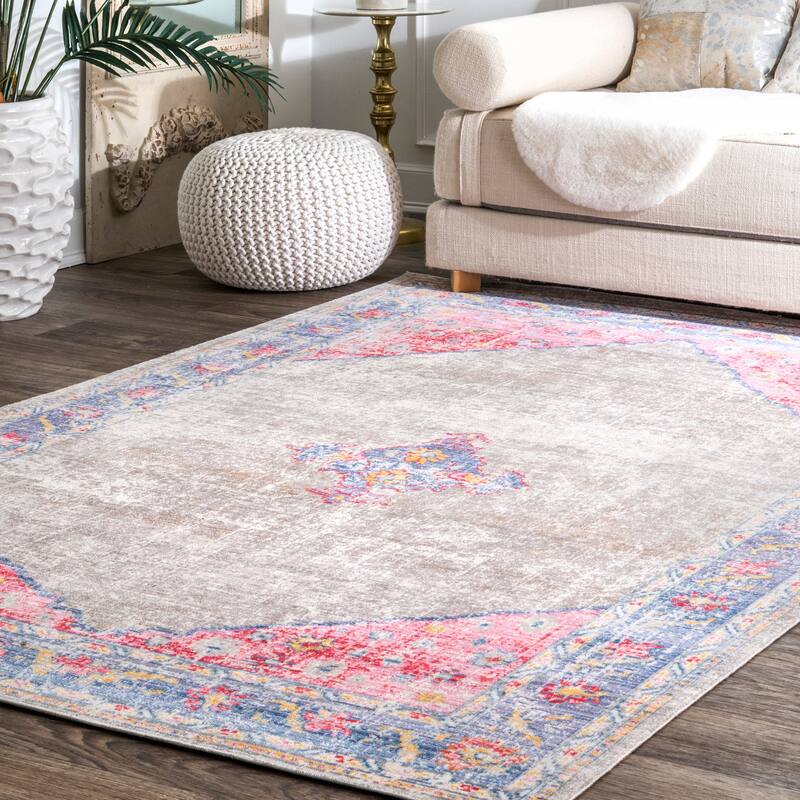 Nuloom Grey Transitional Classical Medallion Fading Folktime Border Area Rug
