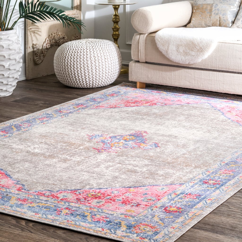 Nuloom Grey Transitional Classical Medallion Fading Folktime Border Area Rug