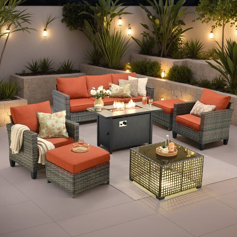 OVIOS 7 Pieces Patio Furniture Set with Solar-Powered Table & Fire Pit