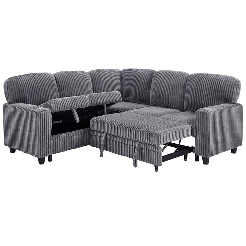 5-Seat Corduroy Storage Sectional Sofa Sleeper Couch with Pull-Out Bed