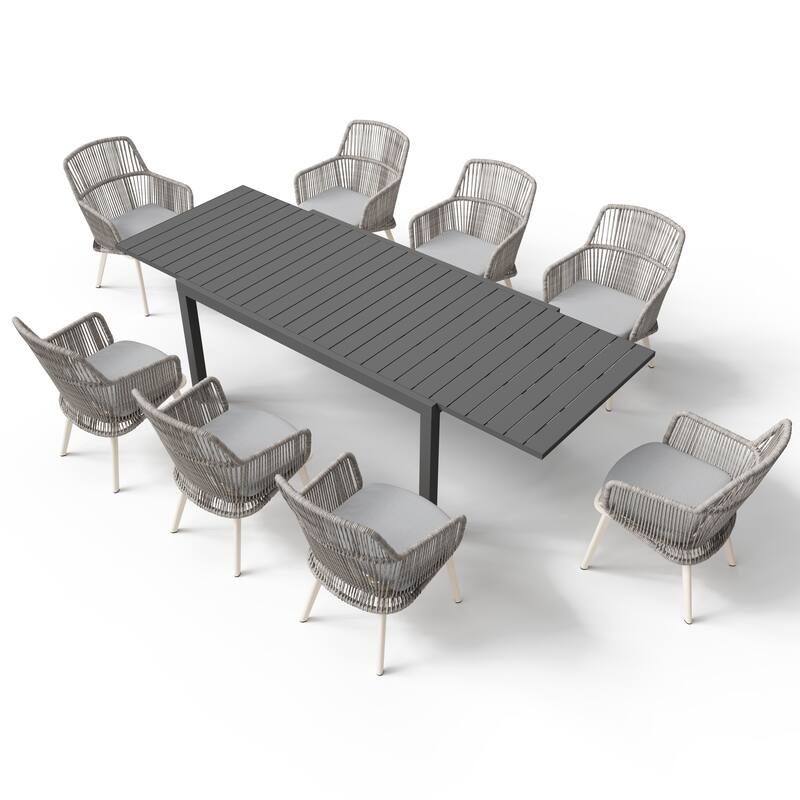 Outdoor Patio Dining Sets with PE Wicker Chairs and Extendable Aluminum Dining Table for 8 Persons