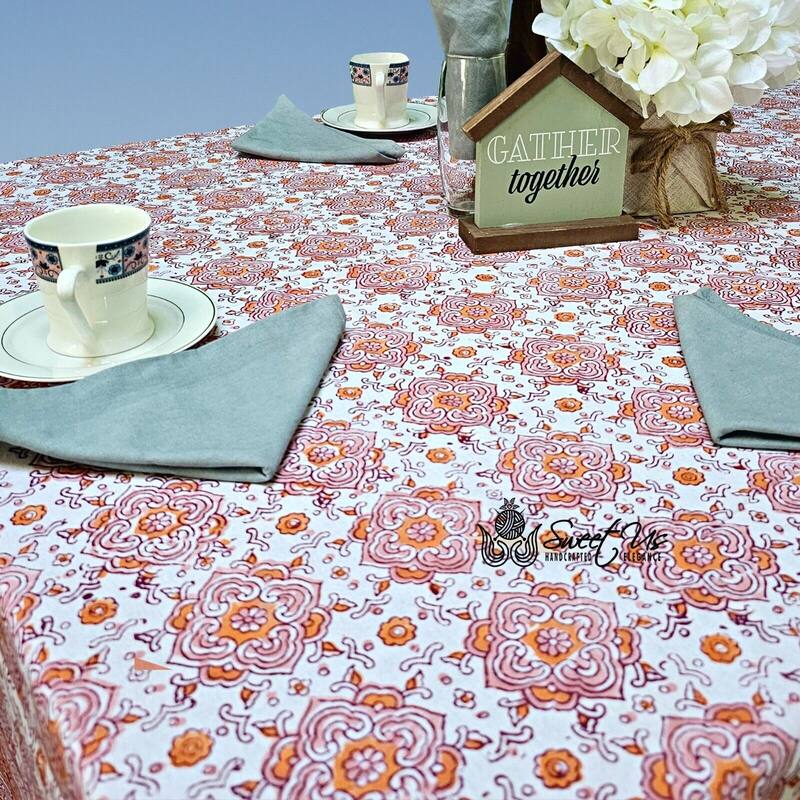 Cotton Pristine Floral Diamonds Tablecloth Rectangle - 88 x 104 in - Peach