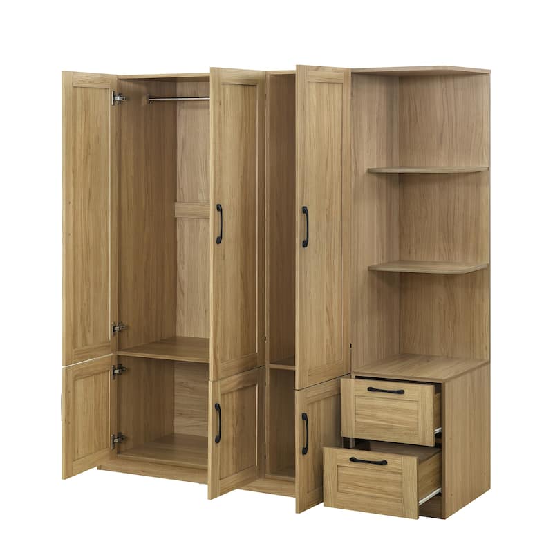 3 Doors Armoire Wardrobe Closet with 3 Side Shelves 2 Drawers, Wooden Bedroom Armoires with Hanging Rod for Bedroom