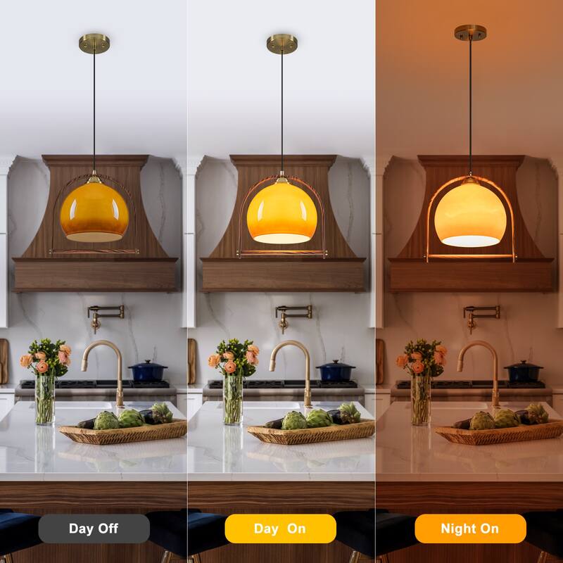 Modern Amber Globe Pendant Light with Arch Frame Kitchen Fixture - Dia.12.5-in