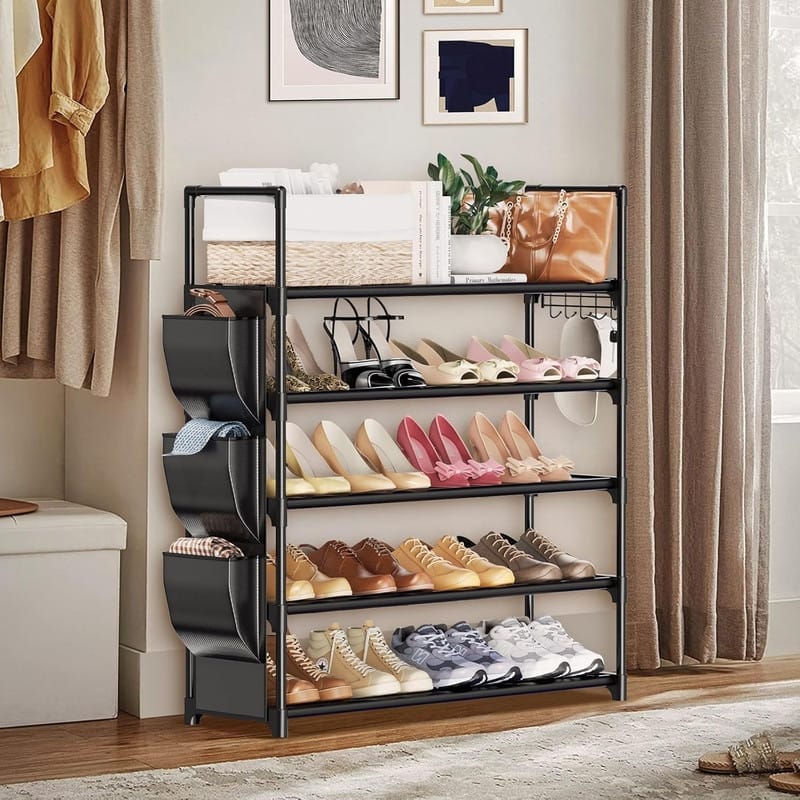 5 Tier Shoe Rack with Hook and Side Pocket - 11.2"D x 33.5"W x 35.6"H