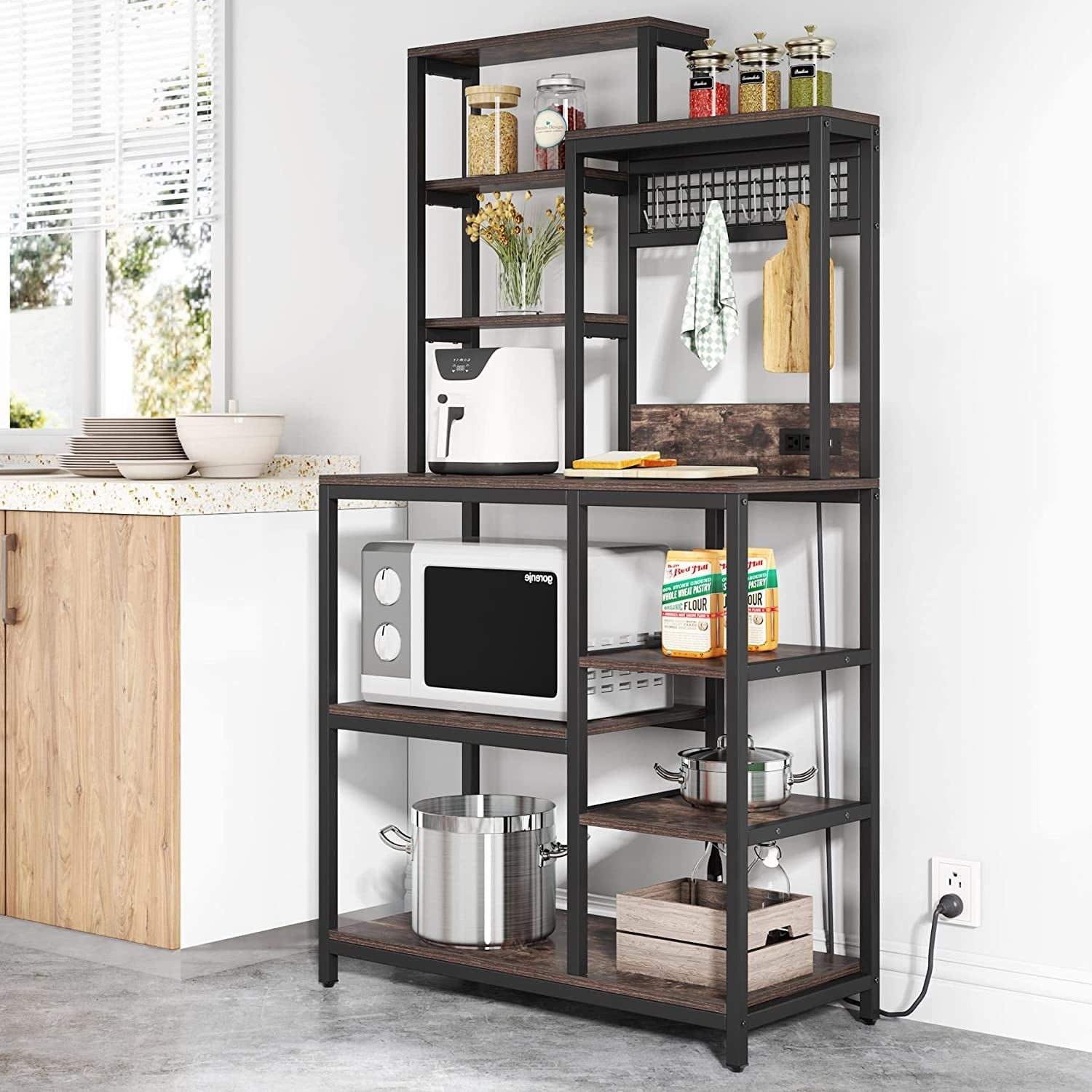 https://ak1.ostkcdn.com/images/products/is/images/direct/395bee60fab573ae7f03f1870468bbdfd566d195/Bakers-Rack-with-Power-Outlet%2C-9-Tier-Kitchen-Utility-Storage-Shelf-with-8-S-Hooks%2C-Rustic-Brown.jpg