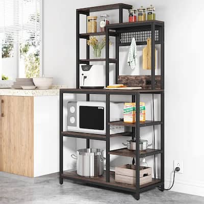 Bakers Rack with Power Outlet, 9-Tier Microwave Stand with 8 S-Hooks, Industrial Coffee Bar for Kitchen, Living Room