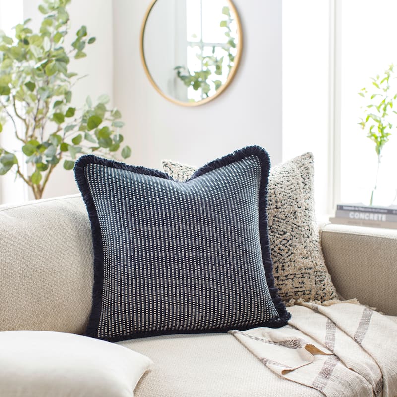 Amayae Subtle Stripe Cotton Pillow With Fringe - 18"H x 18"W - Polyester - Blue