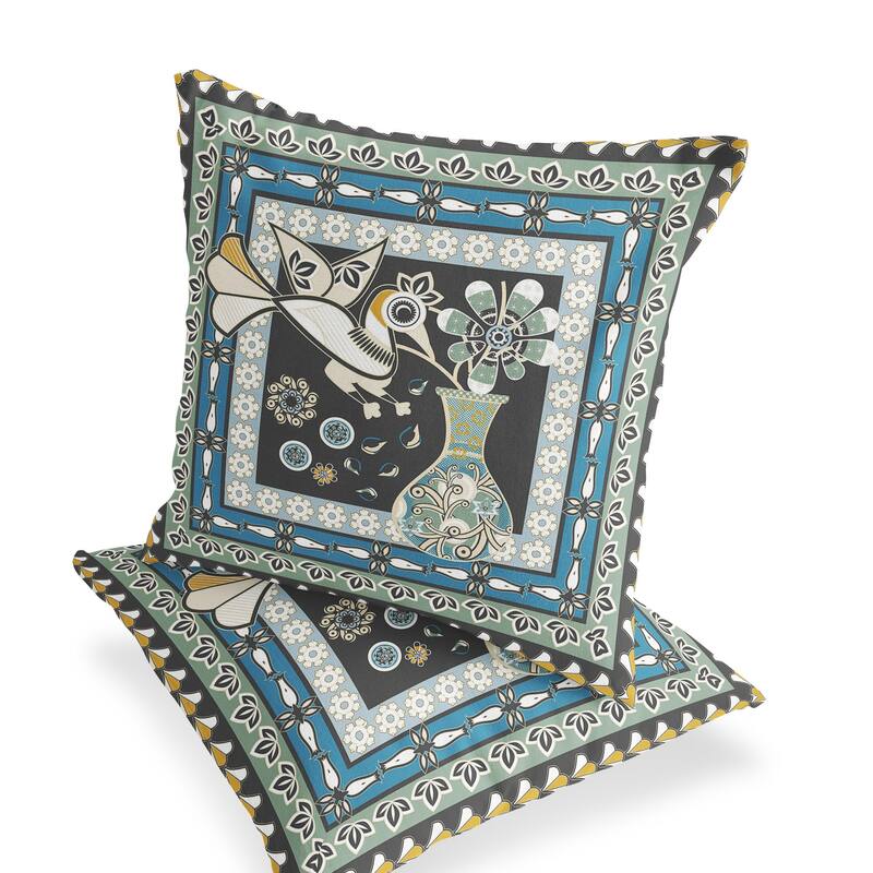 HomeRoots Set of Two 16" X 16" Black and Blue Peacock Blown Seam Floral Indoor Outdoor Throw Pillow - 16.00' X '16.00' X '5.00