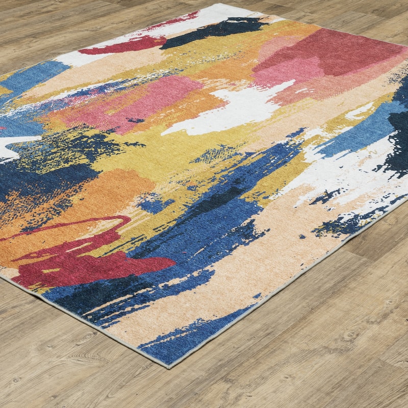 Vista Home Sunderland Abstract Paint Washable Blue/ Gold Area Rug Mat