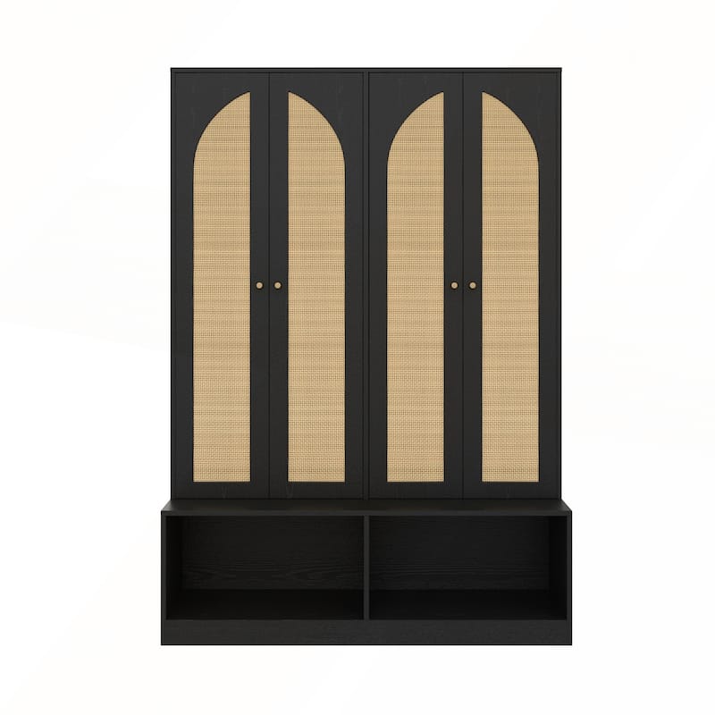4-In-1 Farmhouse Widen Hall Tree with 4 Rattan Doors