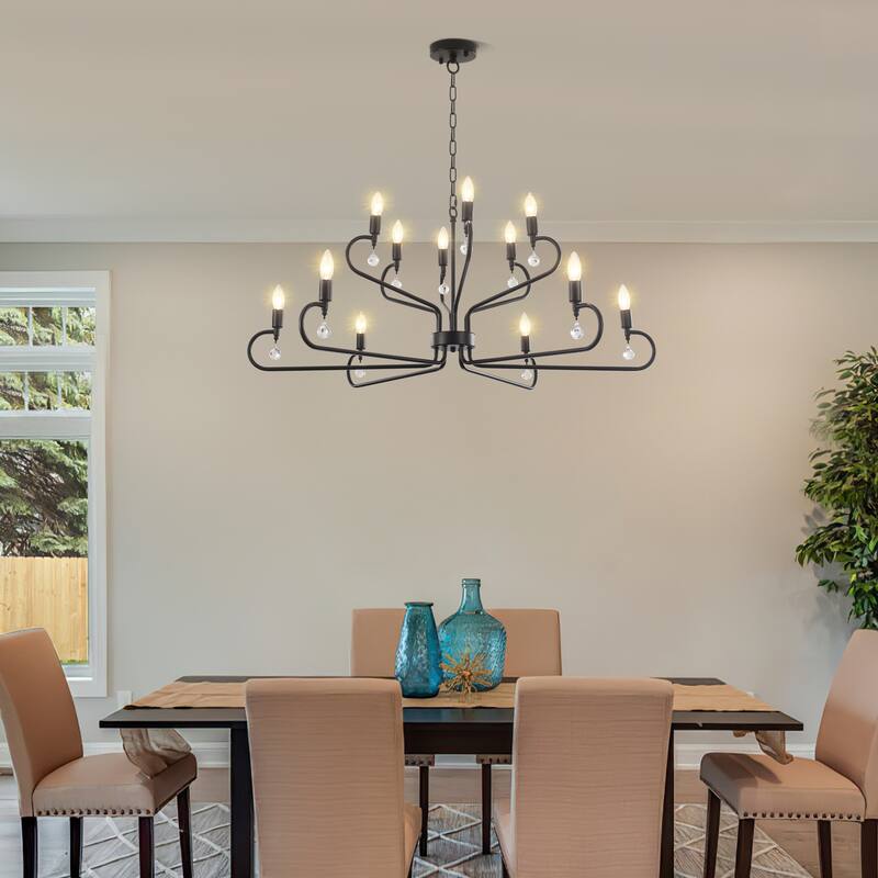 12-Light Black Metal Chandelier with Adjustable Chain