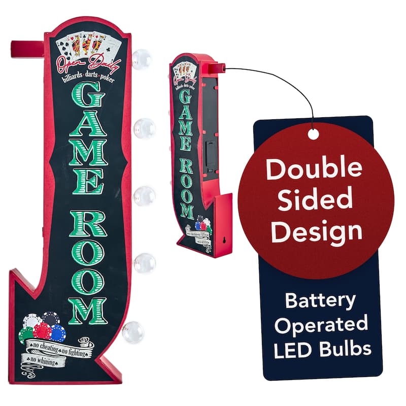 Vintage Game Room Off the Wall LED Marquee Sign - 25" H x 8.25" L - Black, Green, Red - 25" H x 8.25" L x 3" D - 25" H x 8.25" L x 3" D - Black, Green, Red