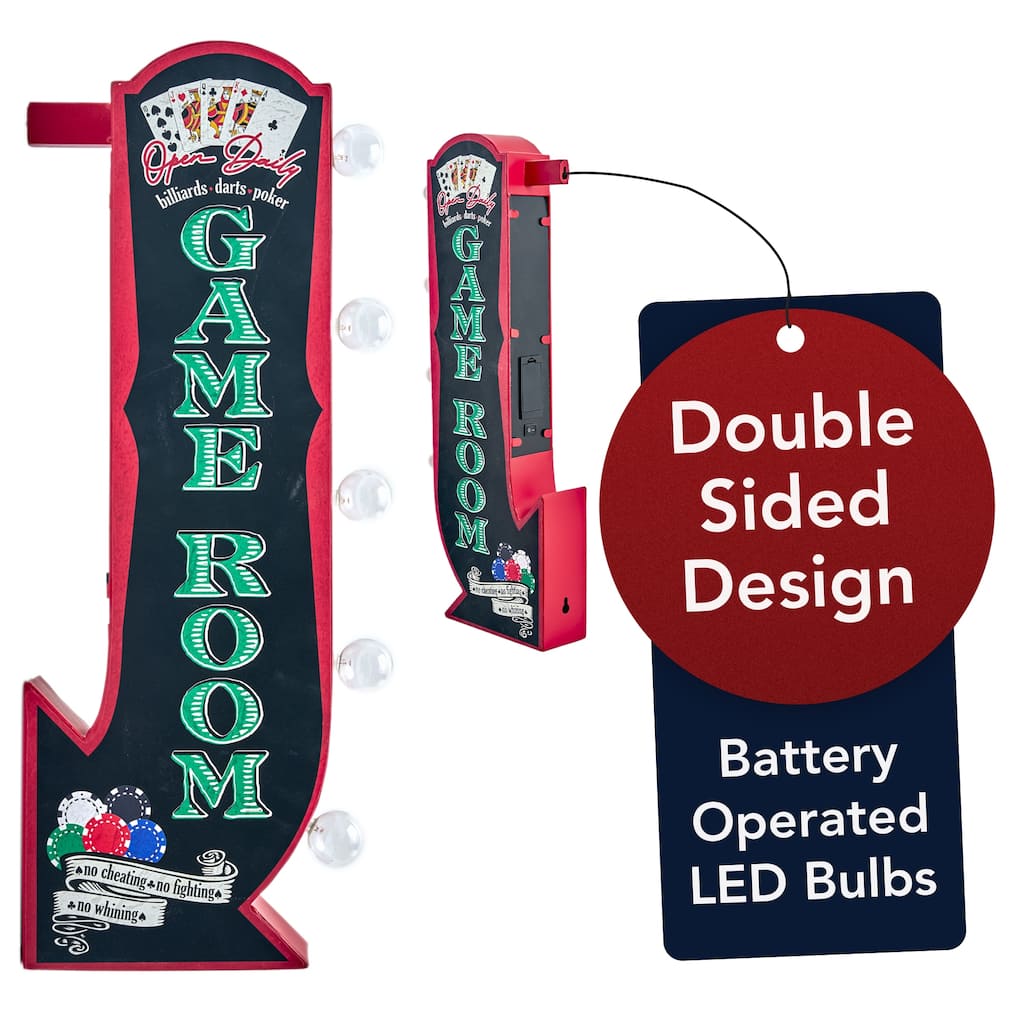 Vintage Game Room Off the Wall LED Marquee Sign - 25" H x 8.25" L - Black, Green, Red - 25" H x 8.25" L x 3" D