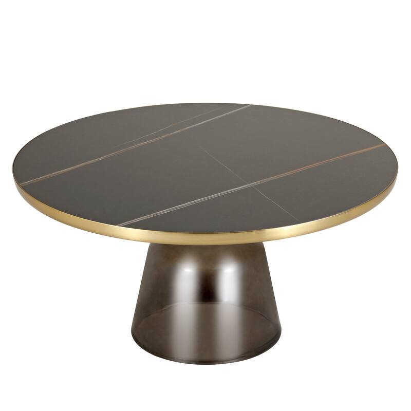 30-Inch Round Coffee Table Glass/Stone Tabletop with Gold Iron Rim Frame Glass Pedestal Base - Grey/Black Stone