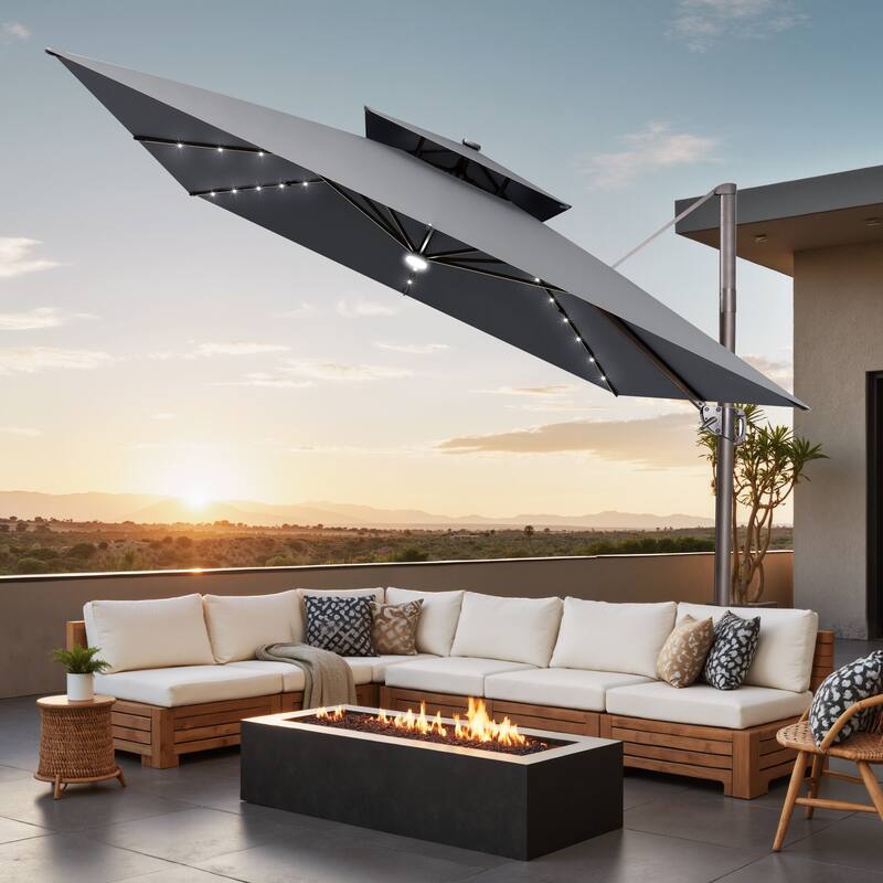 11 FT Square Outdoor Patio Cantilever Umbrella with Solar Lights Double Canopy 360 Rotation Tilt - DarkGrey