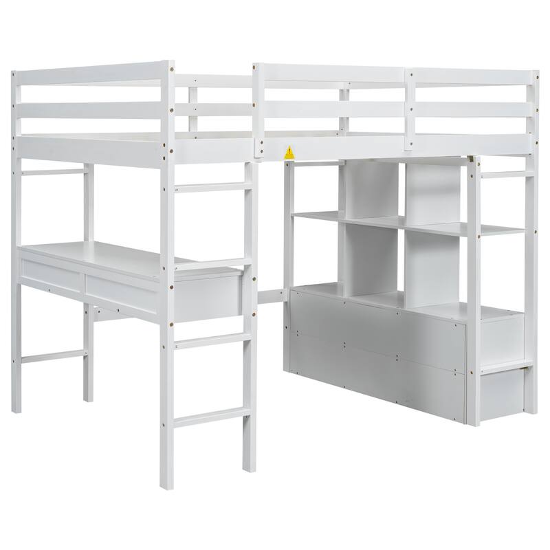 Full Size White Loft Bed with Desk Drawers Shelves Pine