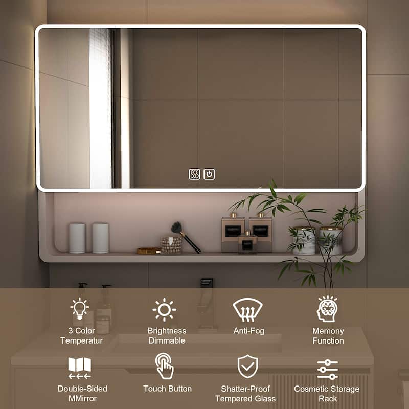 White Aluminum Bathroom Cabinet with LED Mirror and Defogging Glass and Large Storage Shelves - 35" x 28"