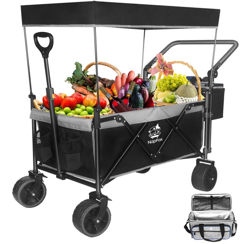 Folding Utility Wagon with Canopy, 220lb Capacity, Adjustable Handles, Thick Wheels with Brakes, Heavy Duty - Grey