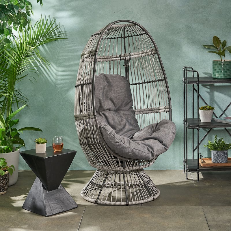Gray Taupe Swivel Egg Chair Outdoor Faux Rattan with Water Resistant Cushions 58H