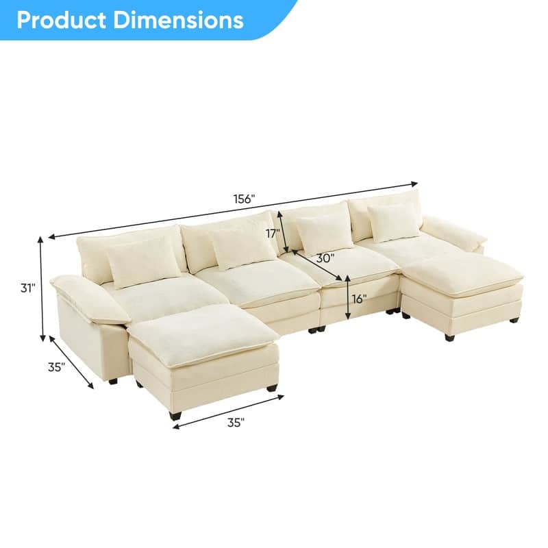 Modern 156''Oversized U-Shaped Modular Sectional Sofa with 2 Ottomans,6-Seat Cloud Couch,Chenille Sofa Sleeper Deep Seat Couches