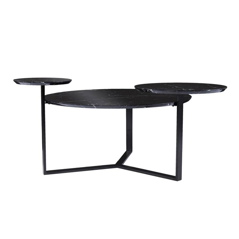Contemporary Black Round Coffee Table with Faux Marble Top Metal 3-Leg Base Functional Storage for Living Room