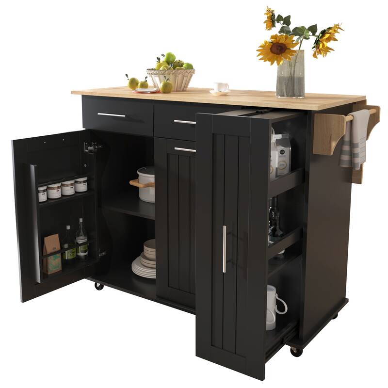 Kitchen Island with Drop Leaf, Kitchen Storage cart with 3 Tier Pull Out Cabinet Organizer, Internal Storage Rack