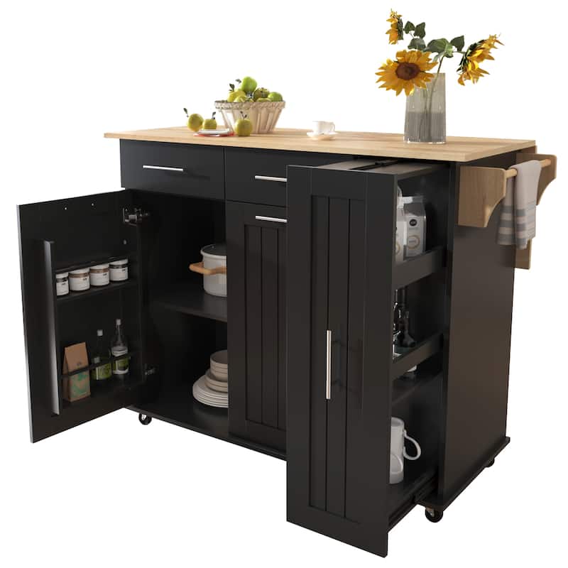 Kitchen Island with Drop Leaf and Internal Storage Rack, Rolling Storage Cart with 3 Tier Pull Out Cabinet Organizer, 2 Drawers
