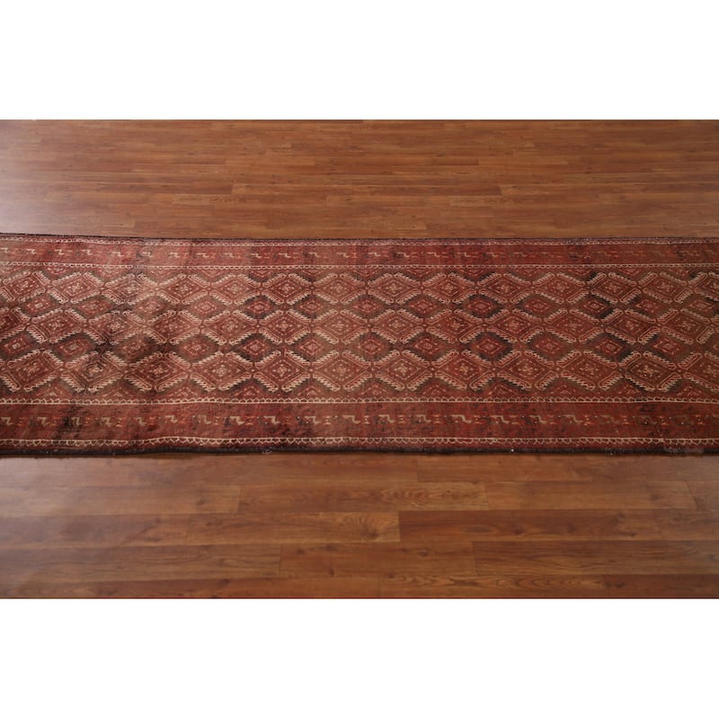 Geometric Balouch Persian Vintage Runner Rug Handmade Wool Carpet - 3'3"x 9'5"